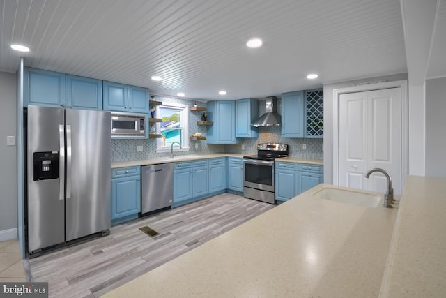 kitchen with wall chimney exhaust hood, stainless steel appliances, blue cabinets, and sink