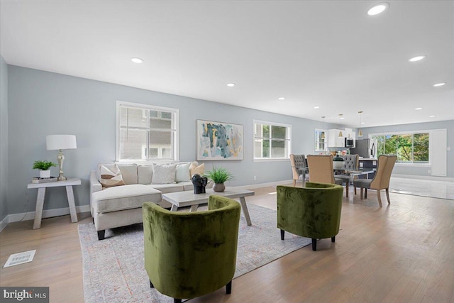 living room featuring light wood-type flooring and a wealth of natural light