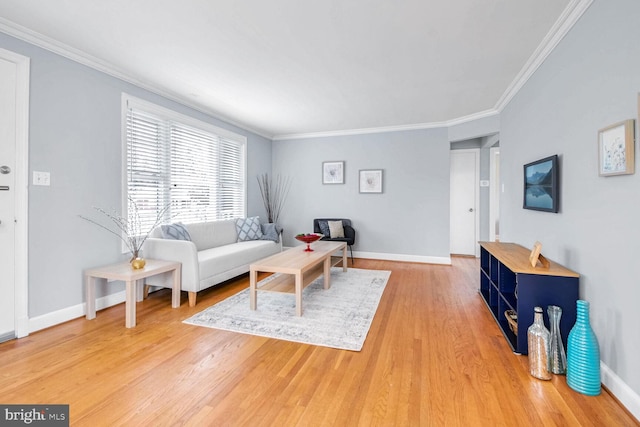 living room with hardwood / wood-style floors and crown molding