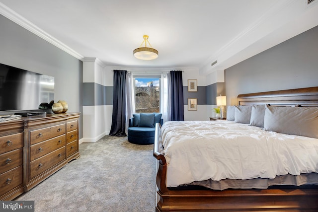 bedroom featuring light carpet and crown molding