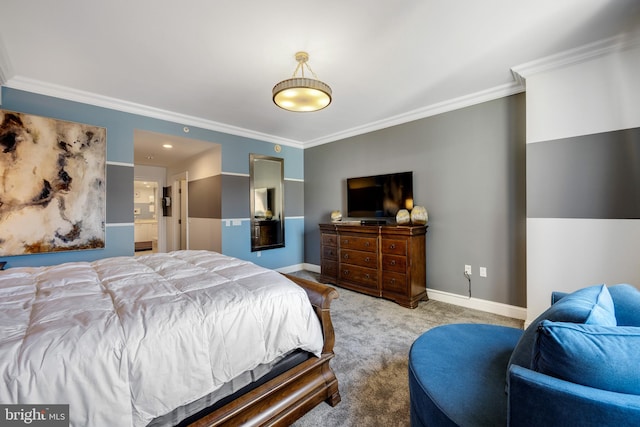 bedroom with crown molding and light colored carpet