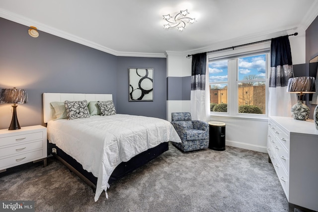 bedroom with ornamental molding and dark carpet