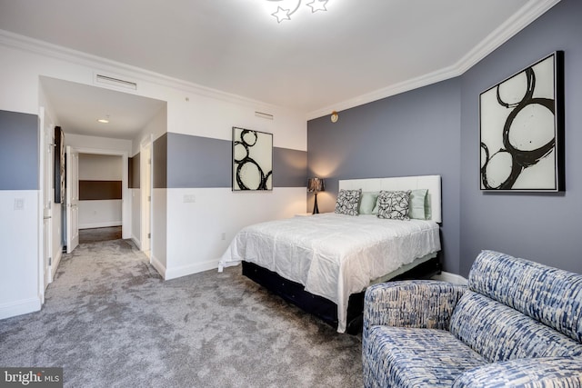 carpeted bedroom featuring ornamental molding