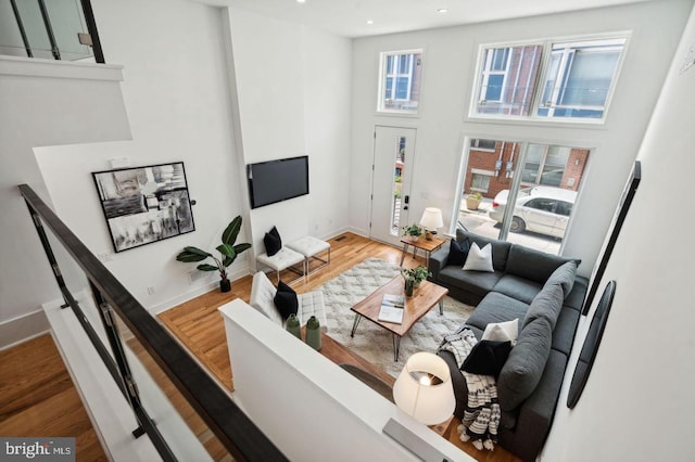 living room with hardwood / wood-style floors and a high ceiling