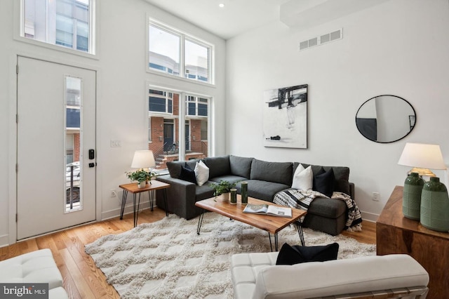 living room featuring a high ceiling and light wood-type flooring