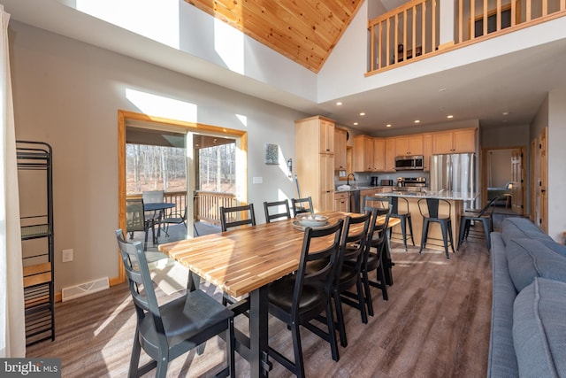 dining area featuring high vaulted ceiling, dark wood-type flooring, sink, and wood ceiling