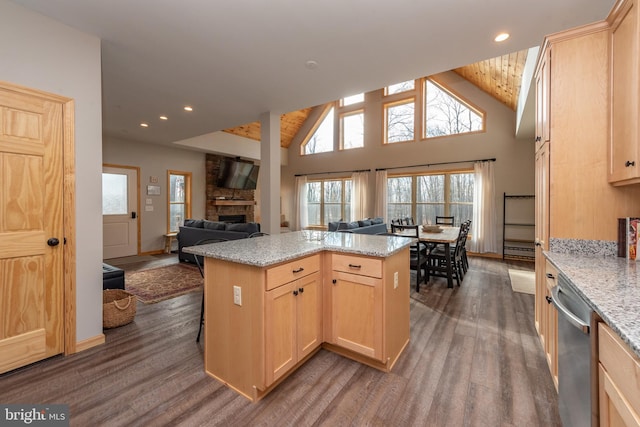 kitchen featuring stainless steel dishwasher, light brown cabinetry, dark wood-type flooring, and light stone counters