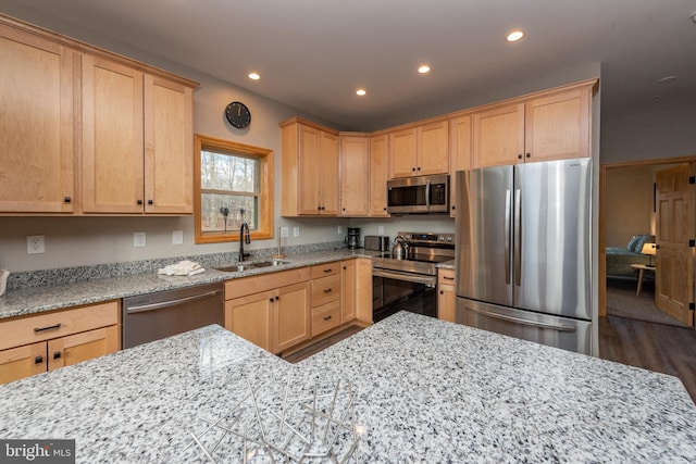 kitchen featuring stainless steel appliances, sink, light stone counters, light brown cabinetry, and dark hardwood / wood-style flooring