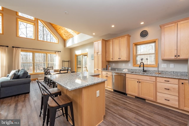 kitchen with stainless steel dishwasher, sink, a kitchen bar, and plenty of natural light