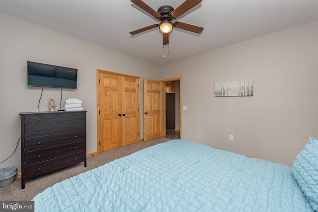 bedroom featuring ceiling fan and light colored carpet