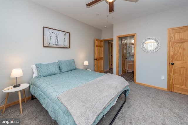 bedroom with carpet, ensuite bath, and ceiling fan