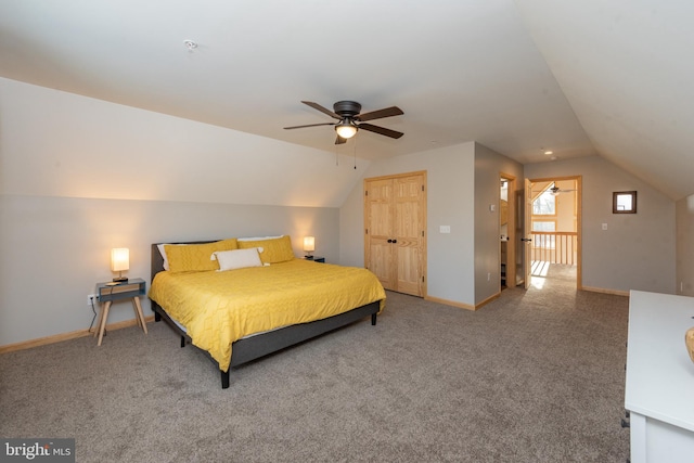 bedroom with carpet floors, ceiling fan, and lofted ceiling