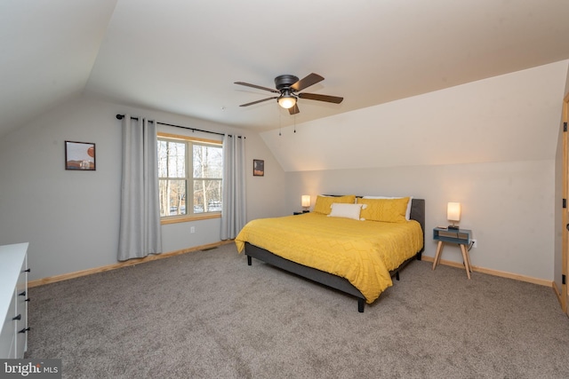 bedroom featuring ceiling fan, carpet flooring, and vaulted ceiling