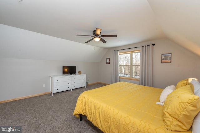 bedroom with carpet, ceiling fan, and vaulted ceiling