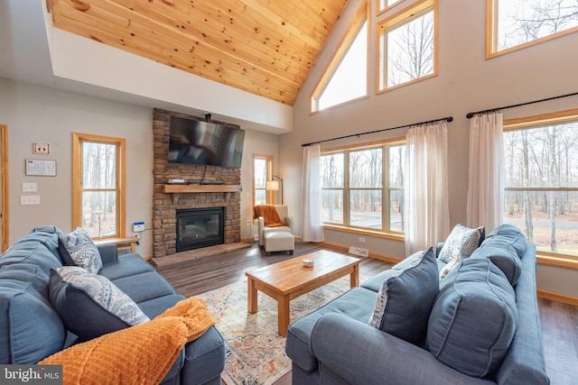 living room featuring a fireplace, wood-type flooring, plenty of natural light, and high vaulted ceiling