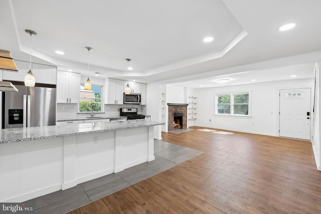 kitchen with stainless steel appliances, white cabinetry, dark wood-type flooring, and a healthy amount of sunlight