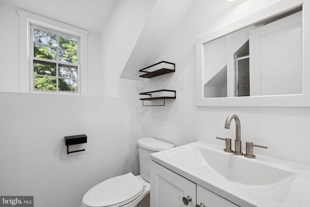 bathroom featuring toilet, vanity, and vaulted ceiling