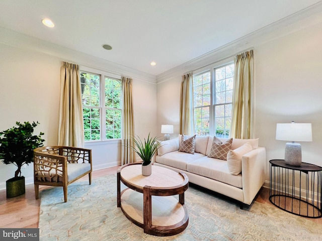 living room with light hardwood / wood-style floors and crown molding