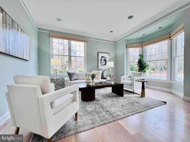 living room featuring light wood-type flooring and crown molding