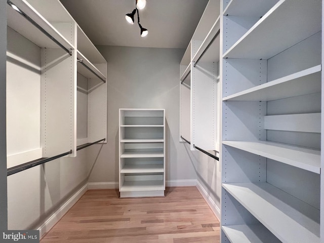 walk in closet with light hardwood / wood-style flooring