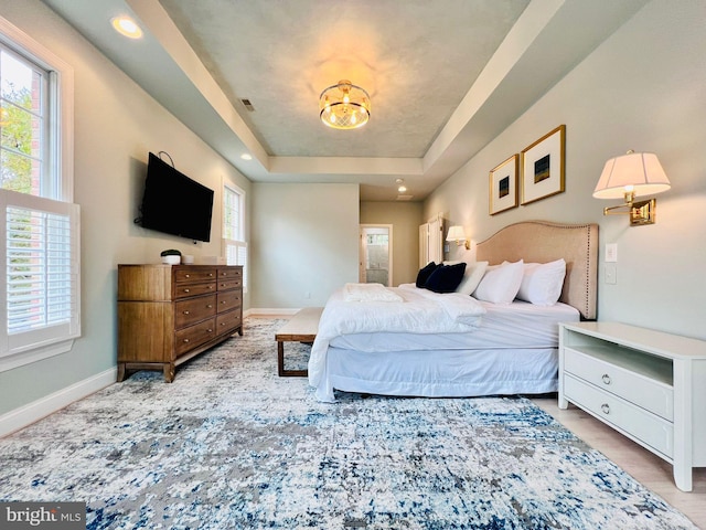 bedroom with a raised ceiling, wood-type flooring, and multiple windows