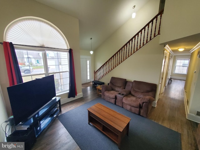 living room featuring high vaulted ceiling and dark wood-type flooring