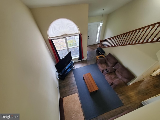 living room featuring dark hardwood / wood-style flooring and lofted ceiling