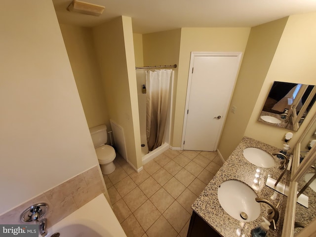 bathroom featuring tile patterned floors, vanity, toilet, and a shower with curtain