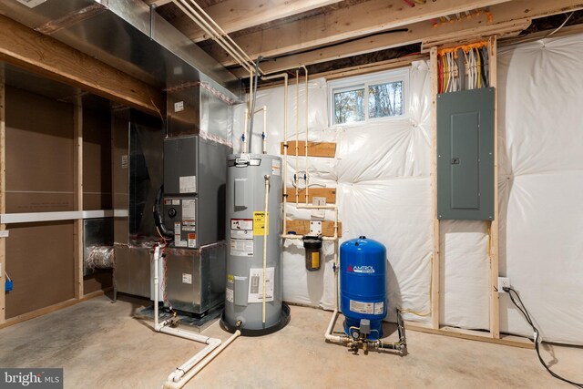 utility room with water heater, heating unit, and electric panel