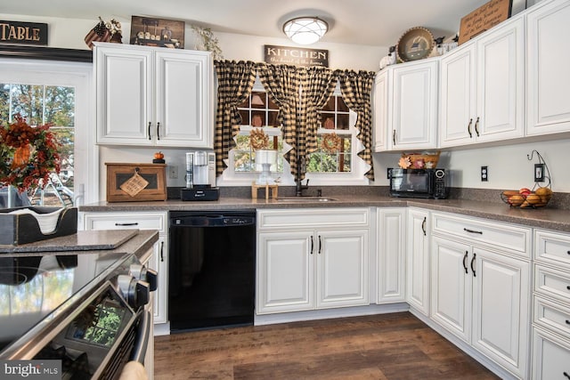 kitchen featuring white cabinets, black appliances, and dark hardwood / wood-style flooring