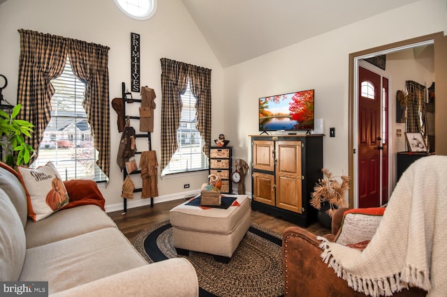 living room featuring dark wood-type flooring, a wealth of natural light, and high vaulted ceiling