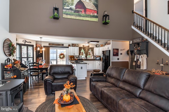 living room with dark hardwood / wood-style floors