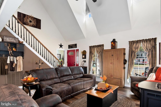 living room with dark hardwood / wood-style floors, a healthy amount of sunlight, and high vaulted ceiling