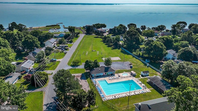 aerial view featuring a water view