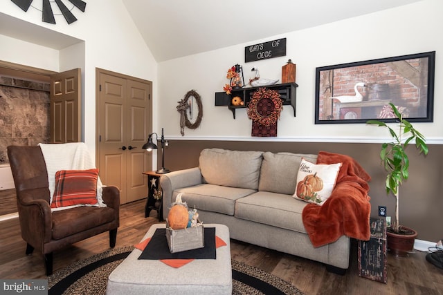 living room featuring hardwood / wood-style flooring and vaulted ceiling