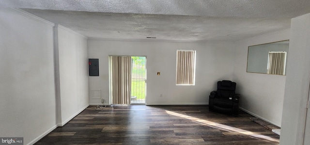 empty room featuring a textured ceiling, electric panel, dark hardwood / wood-style floors, and crown molding