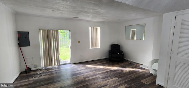 empty room featuring a textured ceiling, electric panel, and dark hardwood / wood-style floors