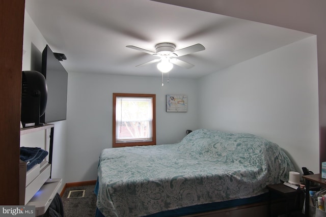 bedroom with ceiling fan and carpet