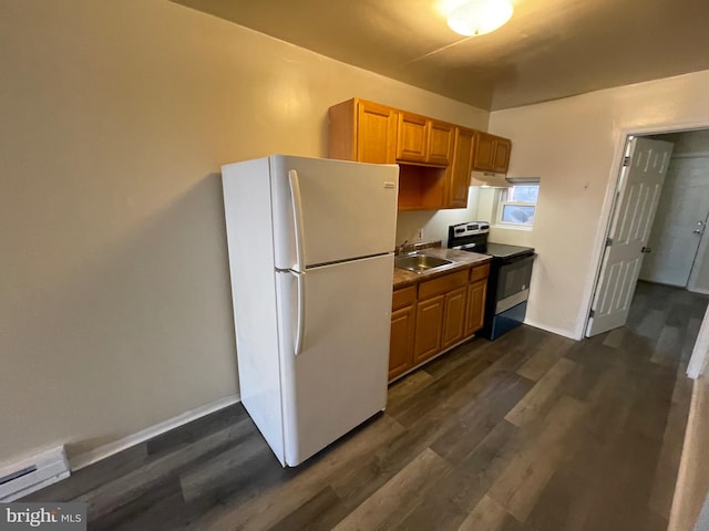 kitchen with electric range, white fridge, sink, and dark wood-type flooring