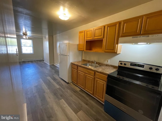 kitchen with ceiling fan, a baseboard radiator, dark hardwood / wood-style flooring, white fridge, and stainless steel range with electric stovetop