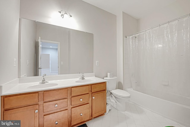 full bathroom with tile patterned floors, vanity, shower / bath combination with curtain, and toilet