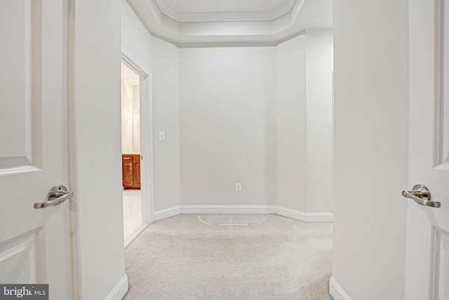 unfurnished room featuring light colored carpet, a raised ceiling, and ornamental molding