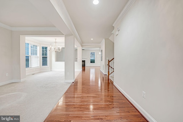 corridor with a notable chandelier, crown molding, and light hardwood / wood-style flooring