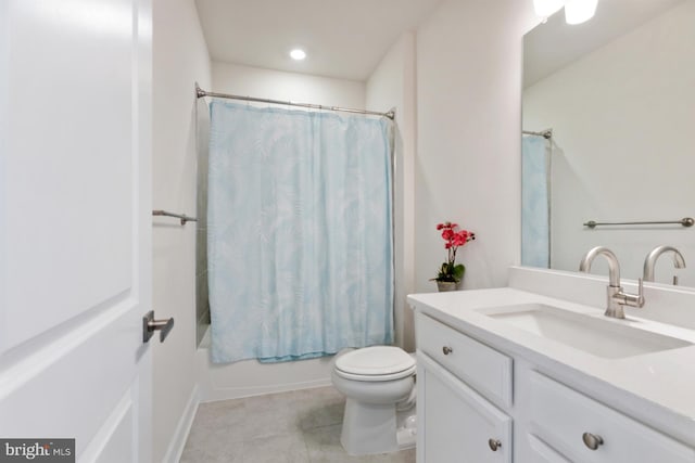 full bathroom featuring shower / tub combo with curtain, vanity, toilet, and tile patterned flooring