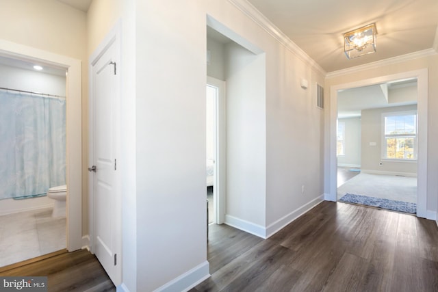 hall featuring dark wood-type flooring and crown molding