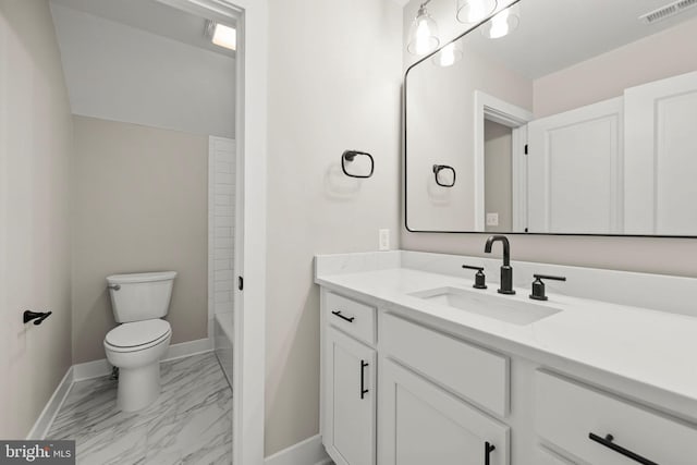 full bathroom featuring shower / bathing tub combination, vanity, and toilet