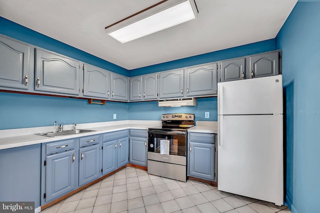 2 Avon, East Windsor, NJ 08520 - kitchen with freestanding refrigerator, stainless steel electric range oven, a sink, under cabinet range hood, and light countertops