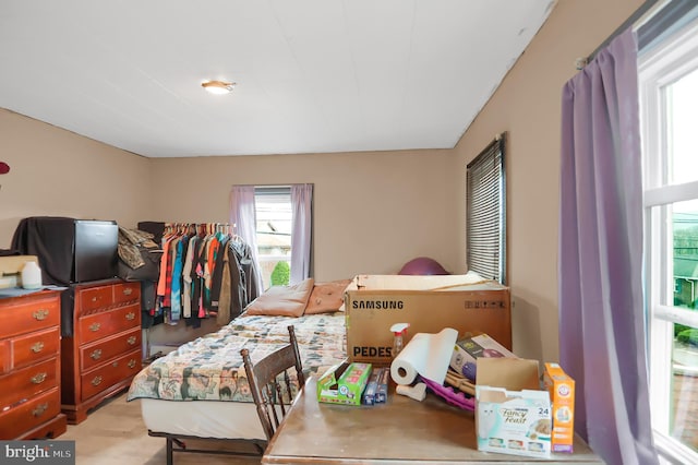 bedroom with light carpet