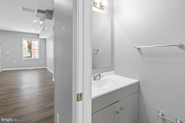 bathroom with wood-type flooring and vanity