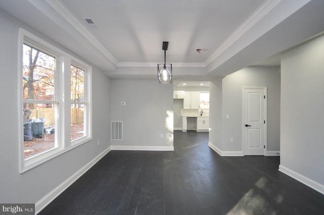 unfurnished dining area featuring dark wood-type flooring, a tray ceiling, sink, and ornamental molding